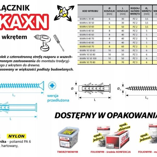 Kołek wkręcany KAXN 6x50/60/F50 (50 szt./op.)