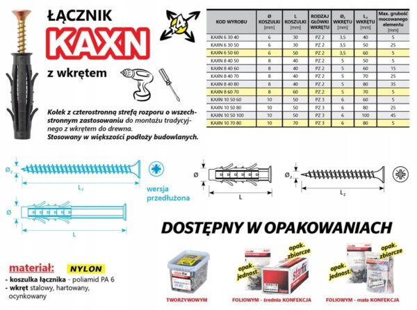 Kołek wkręcany KAXN 6x50/60/F50 (50 szt./op.)