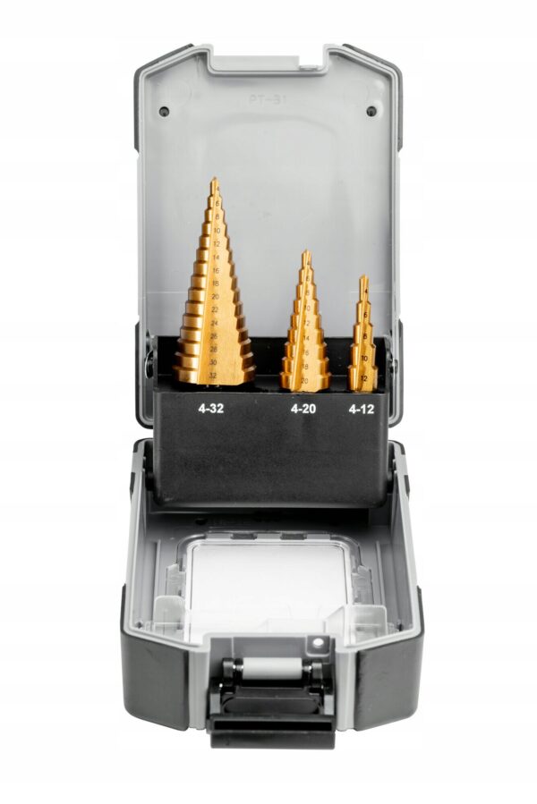 ZESTAW WIERTEŁ STOPNIOWYCH TYTANOWANYCH HSS M2 TIN 3SZT