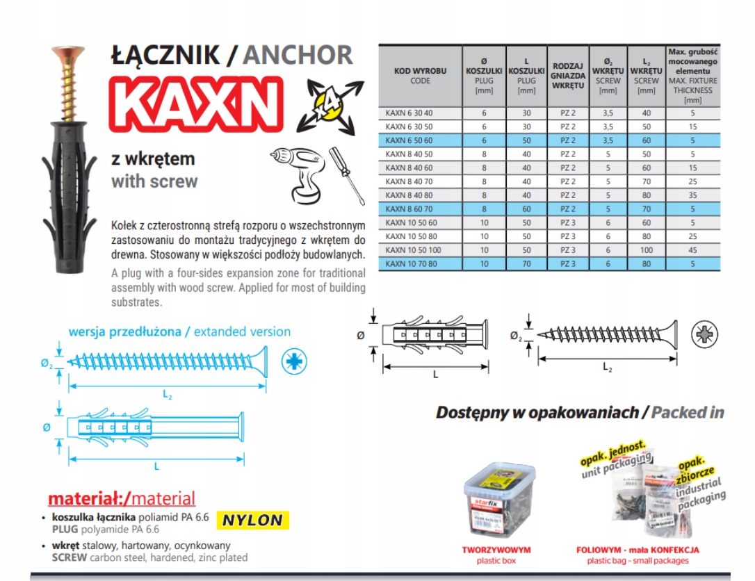 KOŁKI ROZPOROWE UNIWERSALNE Z WKRĘTEM KRZYŻAK STARFIX 8x40x60mm 100szt