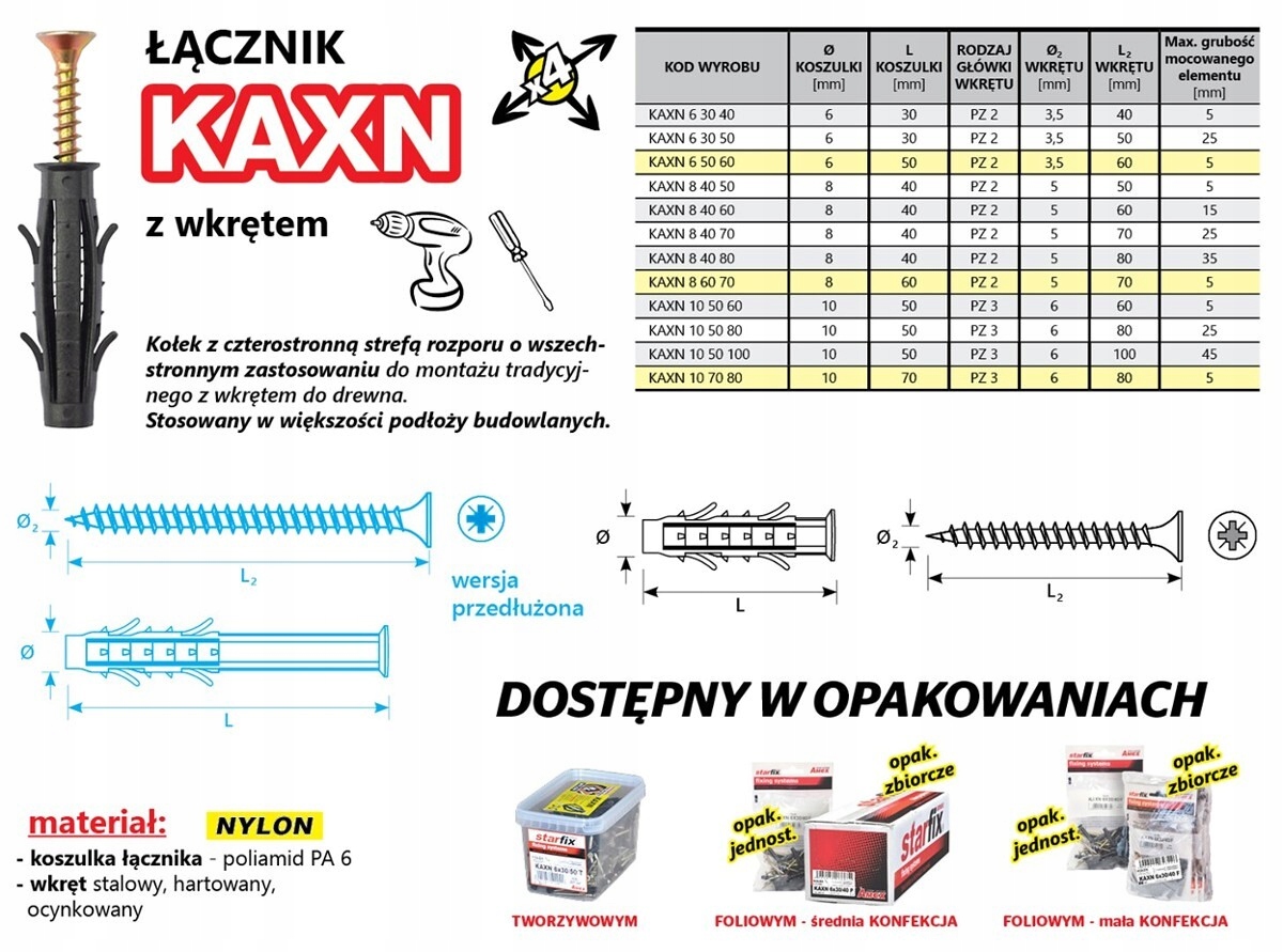 Kołek wkręcany KAXN 6x30/40/F50 (50 szt./op.)