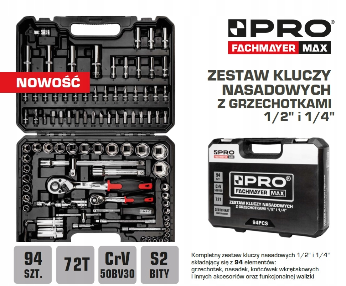 ZESTAW KLUCZY NASADOWYCH Z GRZECHOTKAMI 1/2" i 1/4" 94 SZT CRV
